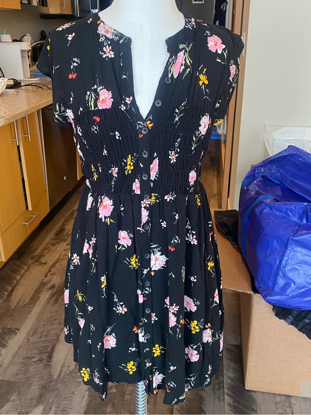 Free People Black Floral Button-Front Smocked Mini Dress